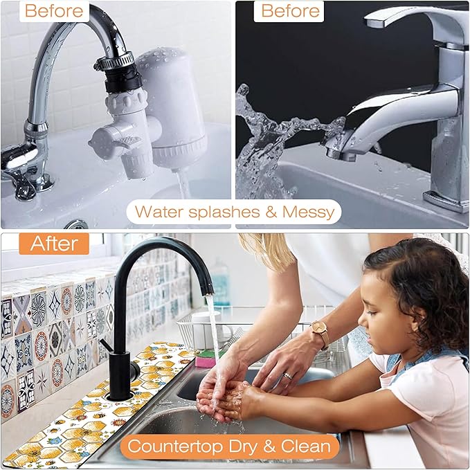 Kitchen Sink Splash Guard Faucet Mat Cute Bees and Honeycomb Sink Splash Guard Behind Faucet,1 PC Soft Diatom Mud Non-Slip Mat-for Kitchen,Dish Drying Mat,Bathroom Faucet Mat 23.5""X5.5""