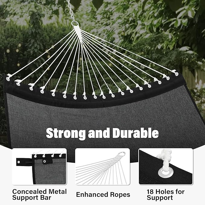 Patio Watcher 13 FT Quick Dry Olefin Hammock - Outdoor Double Hammock with Metal Curved Spreader Bars - 450 lbs Capacity - Dark Grey