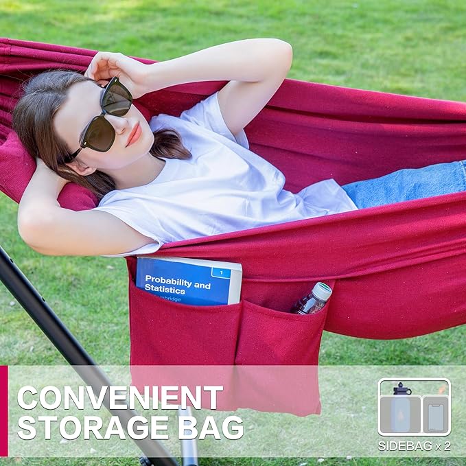 PNAEUT Double Hammock with Space Saving Steel Stand 2 Person Heavy Duty Garden Yard Outdoor 450lb Capacity Hammocks and Portable Carrying Bag (Cherry)