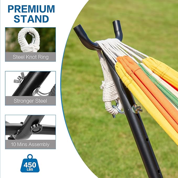 PNAEUT Double Hammock with Space Saving Steel Stand 2 Person Heavy Duty Garden Yard Outdoor 450lb Capacity Hammocks and Portable Carrying Bag (Orange)