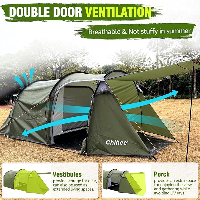Chihee Camping Tents Tunnel Tent 4 Person Family Tents with 2 Doors Extra Large Weatherproof Shelter 4 Seasons Tents with Screened Porch Room Awning Include Rainfly Carry Bag Travelling Outdoor Hiking