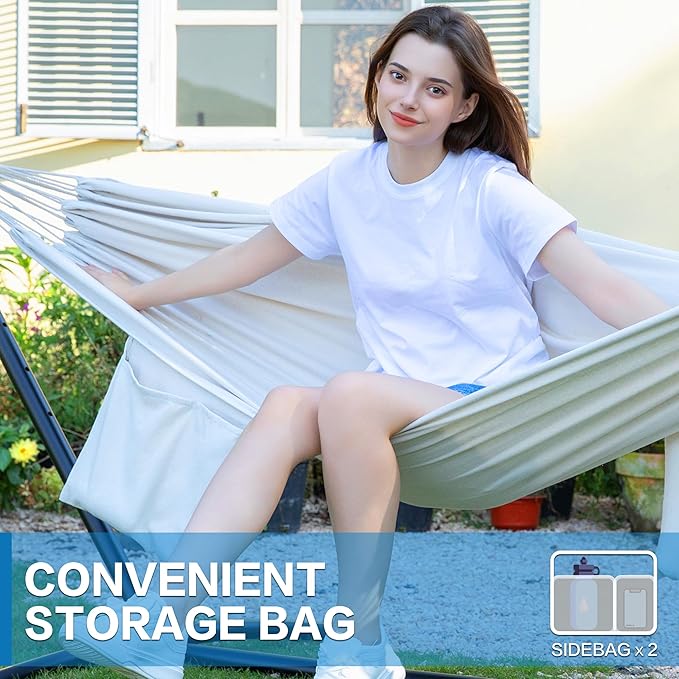 PNAEUT Double Hammock with Space Saving Steel Stand 2 Person Heavy Duty Garden Yard Outdoor 450lb Capacity Hammocks (Beige)