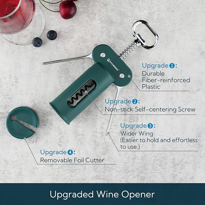 KITCHENDAO 3 in 1 Wing Corkscrew Wine Bottle Opener with Foil Cutter, Built-in Beer Bottle Opener, Multifunctional Wine Opener with Non-Stick Sharp Screw,Easy to Use, Manual Wine Corkscrew,Green