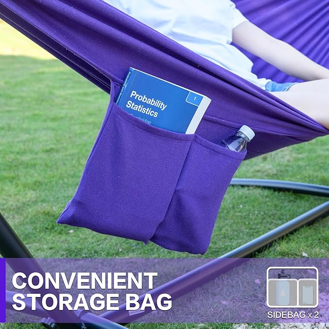 PNAEUT Double Hammock with Space Saving Steel Stand 2 Person Heavy Duty Garden Yard Outdoor 450lb Capacity Hammocks and Portable Carrying Bag (Purple)