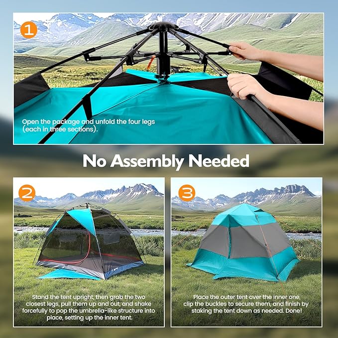 Camping Tent 2 Person, Waterproof & Blackout Double Layer Pop Up Outdoor Tent for Hiking, Travel, Picnic, Portable and Easy Setup