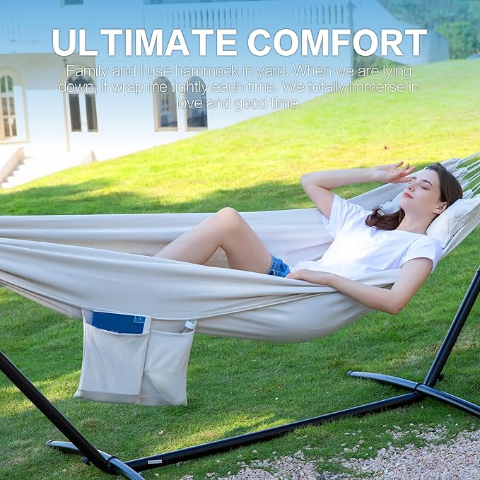 PNAEUT Double Hammock with Space Saving Steel Stand 2 Person Heavy Duty Garden Yard Outdoor 450lb Capacity Hammocks (Beige)