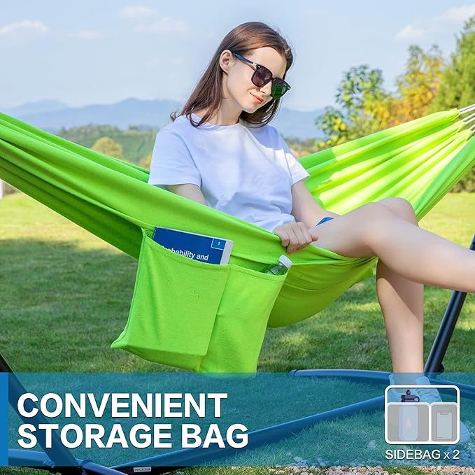 PNAEUT Double Hammock with Space Saving Steel Stand 2 Person Heavy Duty Garden Yard Outdoor 450lb Capacity Hammocks and Portable Carrying Bag (Green)