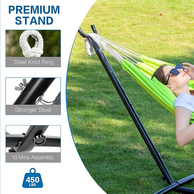 PNAEUT Double Hammock with Space Saving Steel Stand 2 Person Heavy Duty Garden Yard Outdoor 450lb Capacity Hammocks and Portable Carrying Bag (Green)