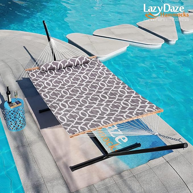 Lazy Daze Hammocks 12FT Quilted Fabric Hammock with Pillow, Double 2 Person Hammock with Spreader Bar for Outdoor Outside Patio Garden Yard HMQF-001GF