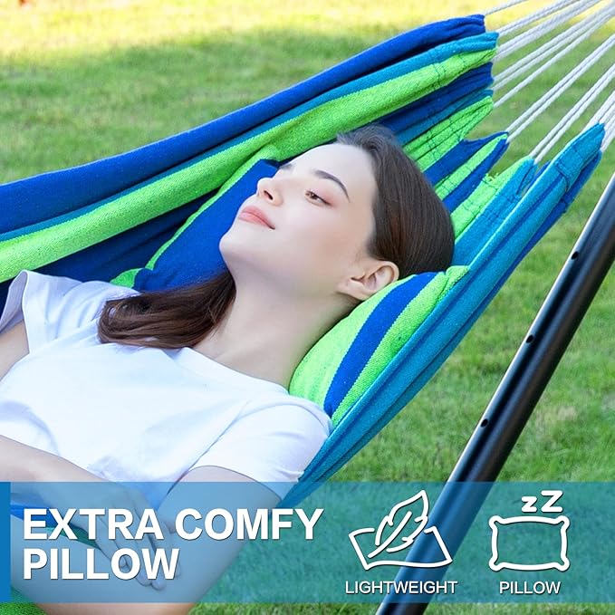 PNAEUT 2-Person Hammock with Space Saving Steel Stand Garden Yard Outdoor 450lb Capacity Double Hammocks and Portable Carrying Bag (Blue)
