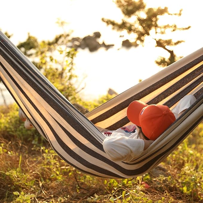 Double Hammock with Tree Straps - 2 Persons Hammock Portable Hanging Camping Bed for Patio, Backyard, Porch, Outdoor and Indoor Use - Soft Canvas Hammock with Carrying Bag, 340x160cm