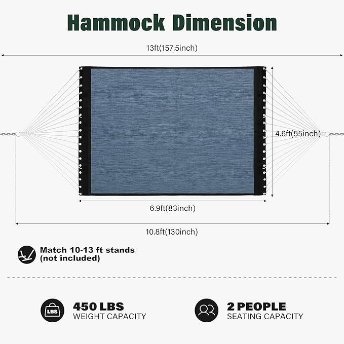 Patio Watcher 13 FT Quick Dry Olefin Hammock - Outdoor Double Hammock with Metal Curved Spreader Bars - 450 lbs Capacity - Dark Blue