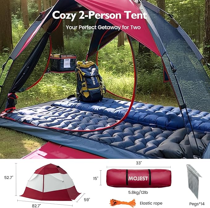 Camping Tent 2 Person, Waterproof & Blackout Double Layer Pop Up Outdoor Tent for Hiking, Travel, Picnic, Portable and Easy Setup