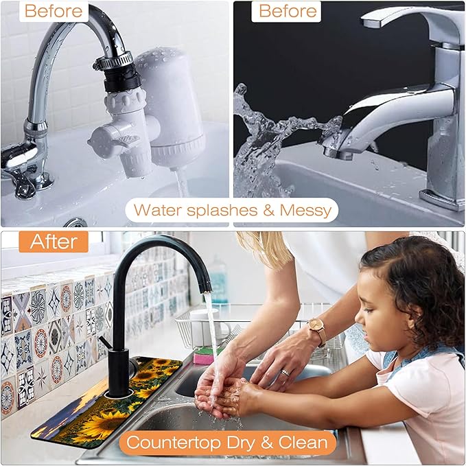 Kitchen Sink Splash Guard Faucet Mat Sunflowers Blooming at Sunset Sink Splash Guard Behind Faucet,1 PC Soft Diatom Mud Non-Slip Mat-for Kitchen,Dish Drying Mat,Bathroom Faucet Mat 15.5"X5.5"