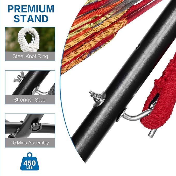 PNAEUT 2-Person Hammock with Space Saving Steel Stand Garden Yard Outdoor 450lb Capacity Double Hammocks and Portable Carrying Bag (Red)