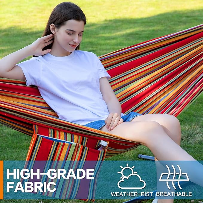 PNAEUT 2-Person Hammock with Space Saving Steel Stand Garden Yard Outdoor 450lb Capacity Double Hammocks and Portable Carrying Bag (Red)