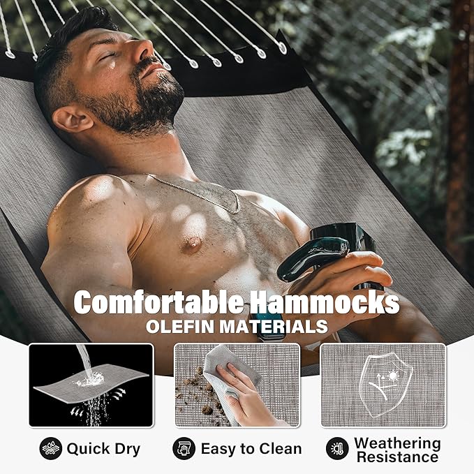 Patio Watcher 13 FT Quick Dry Olefin Hammock - Outdoor Double Hammock with Metal Curved Spreader Bars - 450 lbs Capacity - Mocha