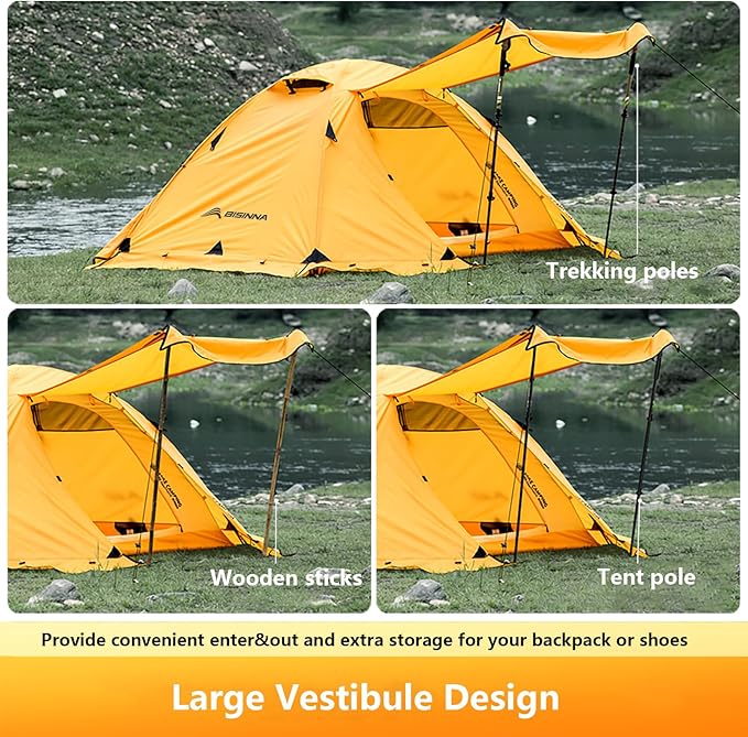 BISINNA 4 Season Tent for Backpacking Winter Tent 2 Person Lightweight Cold Weather Tents Waterproof Double Layer All Season Tent Aluminum Alloy Poles Easy Set Up for Camping, Hiking, Outdoor