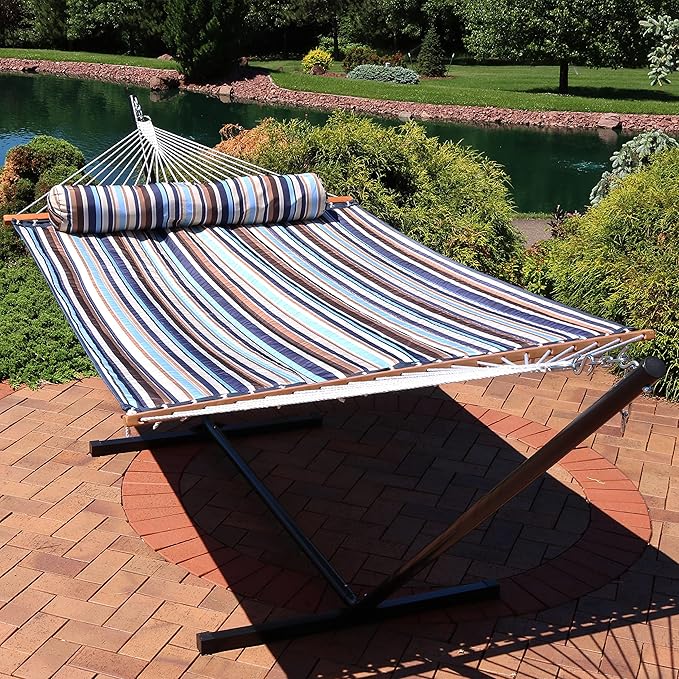 Sunnydaze Quilted Outdoor Hammock with Spreader Bars - Heavy-Duty 450-Pound Capacity Double Hammock for Outside - Ocean Isle