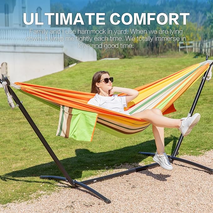 PNAEUT Double Hammock with Space Saving Steel Stand 2 Person Heavy Duty Garden Yard Outdoor 450lb Capacity Hammocks and Portable Carrying Bag (Orange)