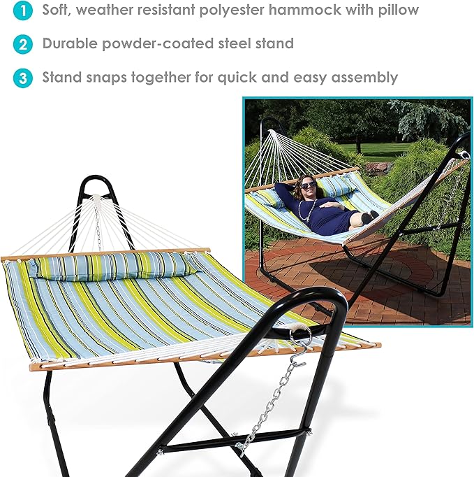 Sunnydaze Double Quilted Fabric Hammock with Universal Steel Stand - 450-Pound Capacity - Black Stand - Blue and Green