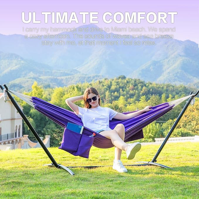 PNAEUT Double Hammock with Space Saving Steel Stand 2 Person Heavy Duty Garden Yard Outdoor 450lb Capacity Hammocks and Portable Carrying Bag (Purple)
