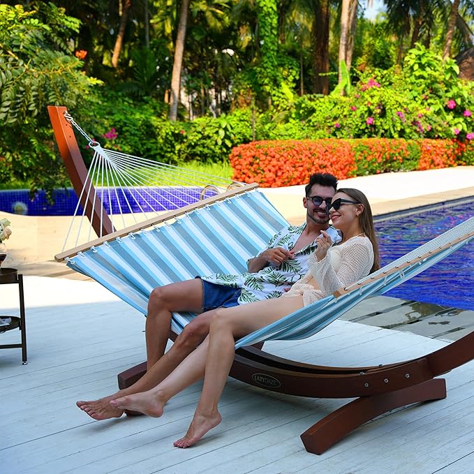 Lazy Daze Hammocks Quick Dry Hammock with Spreader Bar Textliene Fabric Double Outside Hammock with Chains Outdoor Patio Poolside Backyard Beach 450 lbs Capacity, Blue White Stripes