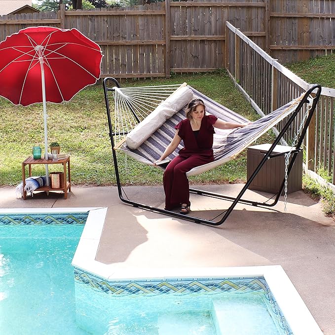 Sunnydaze Double Quilted Fabric Hammock with Universal Steel Stand - 450-Pound Capacity - Black Stand - Mountainside