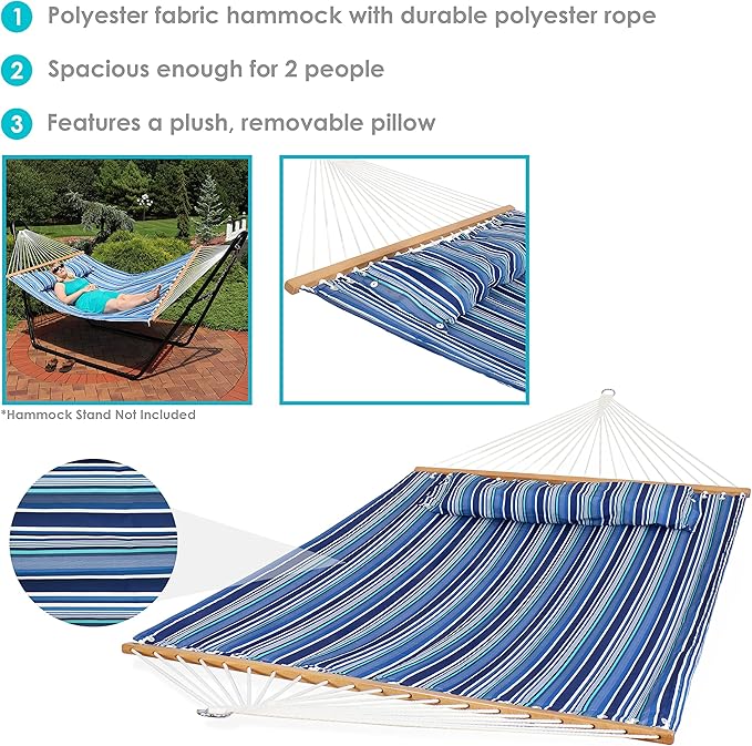 Sunnydaze Quilted Outdoor Hammock with Spreader Bars - Heavy-Duty 450-Pound Capacity Double Hammock for Outside - Breakwater Stripe