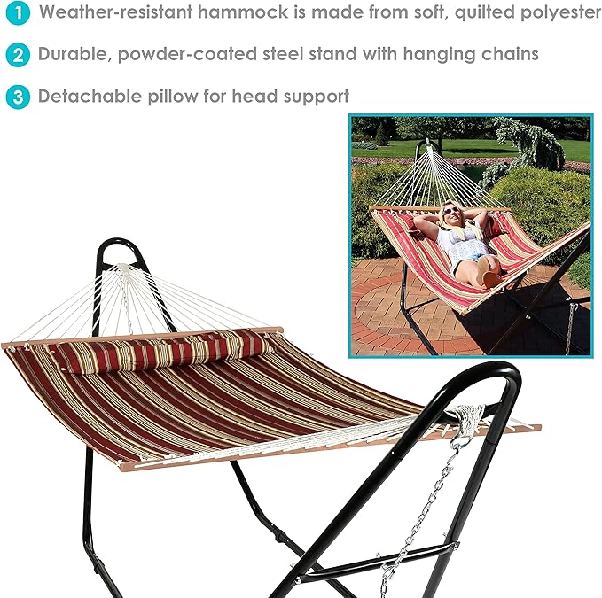 Sunnydaze Double Quilted Fabric Hammock with Universal Steel Stand - 450-Pound Capacity - Black Stand - Red Stripes
