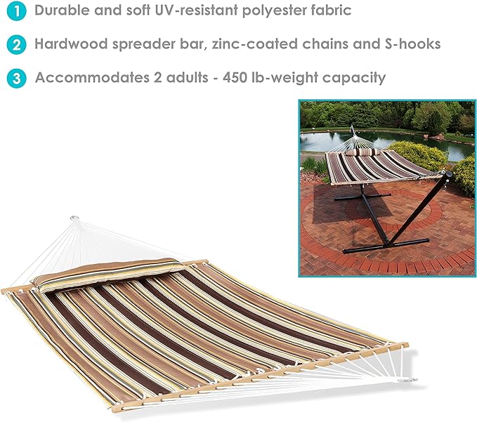 Sunnydaze Quilted Outdoor Hammock with Spreader Bars - Heavy-Duty 450-Pound Capacity Double Hammock for Outside - Sandy Beach
