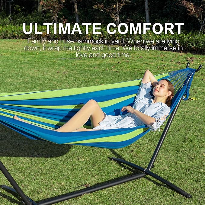 PNAEUT 2-Person Hammock with Space Saving Steel Stand Garden Yard Outdoor 450lb Capacity Double Hammocks and Portable Carrying Bag (Blue)
