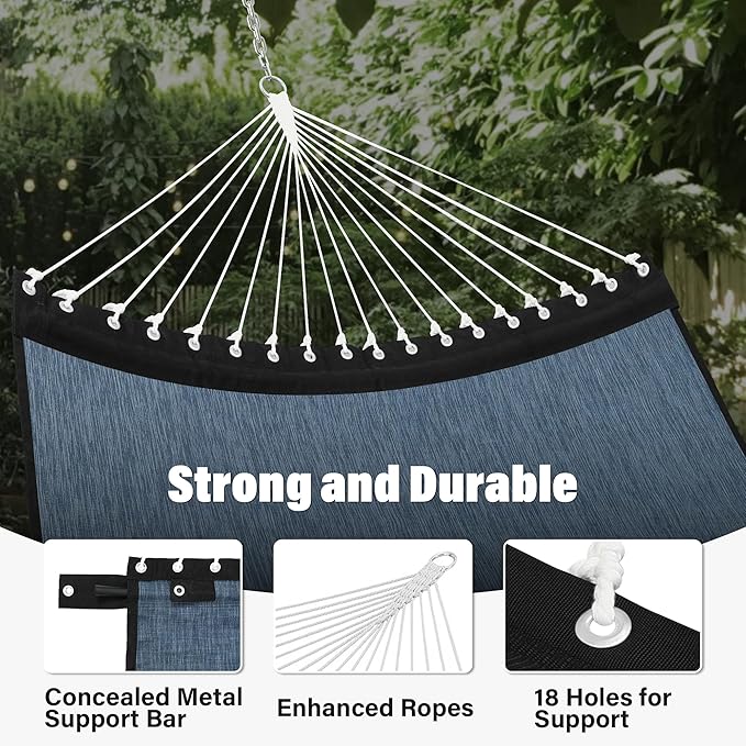 Patio Watcher 13 FT Quick Dry Olefin Hammock - Outdoor Double Hammock with Metal Curved Spreader Bars - 450 lbs Capacity - Dark Blue
