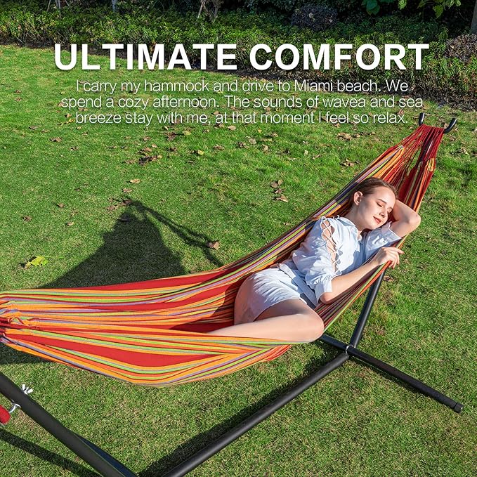 PNAEUT 2-Person Hammock with Space Saving Steel Stand Garden Yard Outdoor 450lb Capacity Double Hammocks and Portable Carrying Bag (Red)
