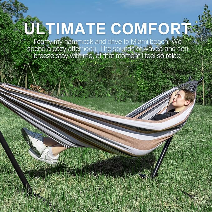 PNAEUT Double Hammock with Space Saving Steel Stand Included 2 Person Heavy Duty Outside Garden Yard Outdoor 450lb Capacity 2 People Standing Hammocks and Portable Carrying Bag (Coffee)
