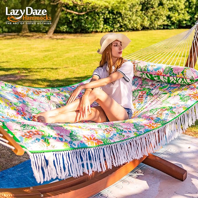 Lazy Daze Hammocks 12 FT Double Layered Quilted Fabric Hammock Swing with Pillow and Carrying Bag, Elegant Tassels and Spread Bar Heavy Duty Stylish for Two Person, Floral