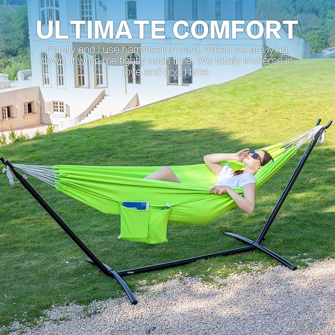 PNAEUT Double Hammock with Space Saving Steel Stand 2 Person Heavy Duty Garden Yard Outdoor 450lb Capacity Hammocks and Portable Carrying Bag (Green)