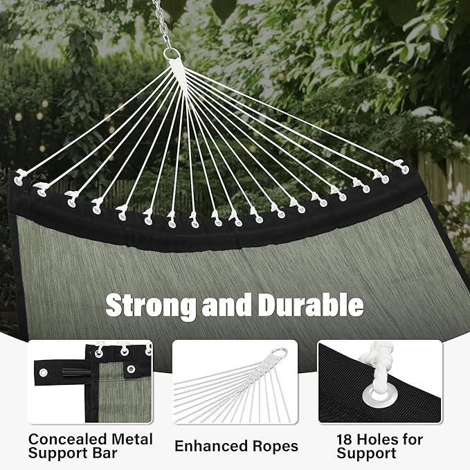 Patio Watcher 13 FT Quick Dry Olefin Hammock - Outdoor Double Hammock with Metal Curved Spreader Bars - 450 lbs Capacity - Dark Green
