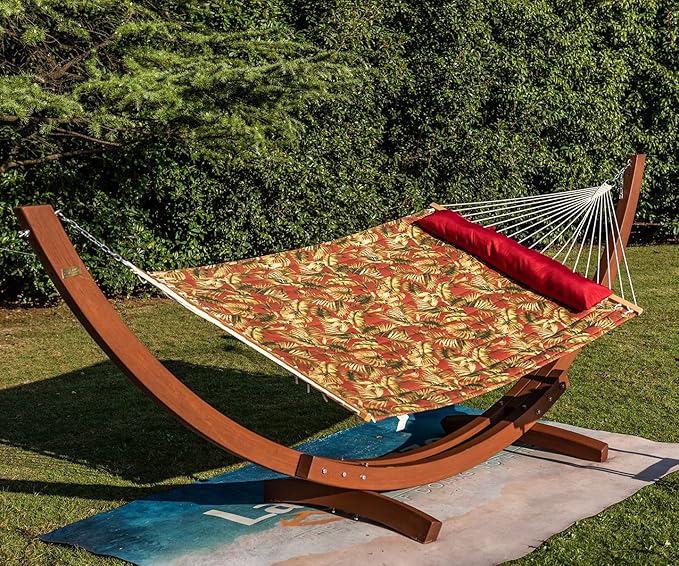 Lazy Daze Hammocks 12 FT Quilted Fabric Hammock with Spreader Bar, 2-Person Double Hammock with Chains and Pillow, Outdoor Hammock for Outside Patio Poolside Backyard Beach, 450 lbs Capacity, Red Leaf