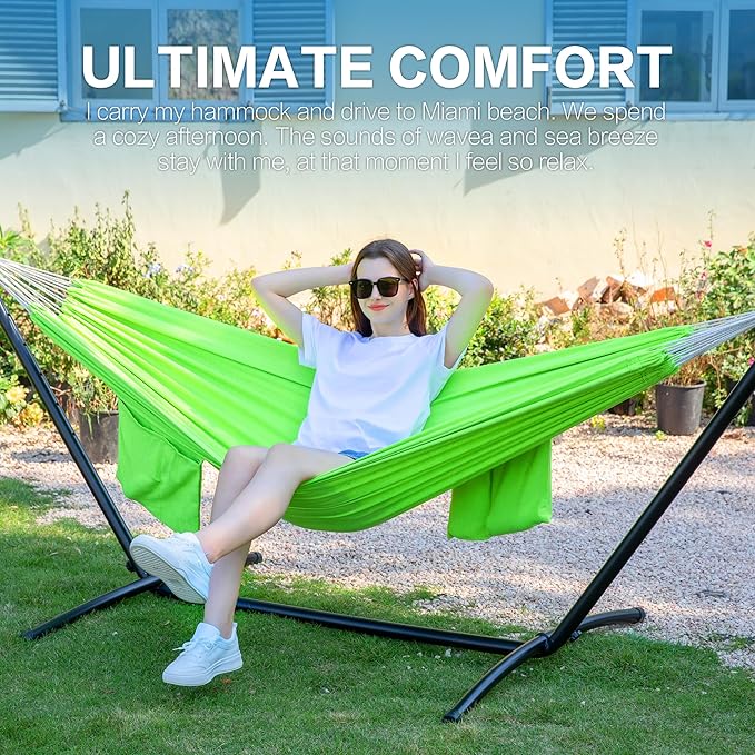 PNAEUT Double Hammock with Space Saving Steel Stand 2 Person Heavy Duty Garden Yard Outdoor 450lb Capacity Hammocks and Portable Carrying Bag (Green)