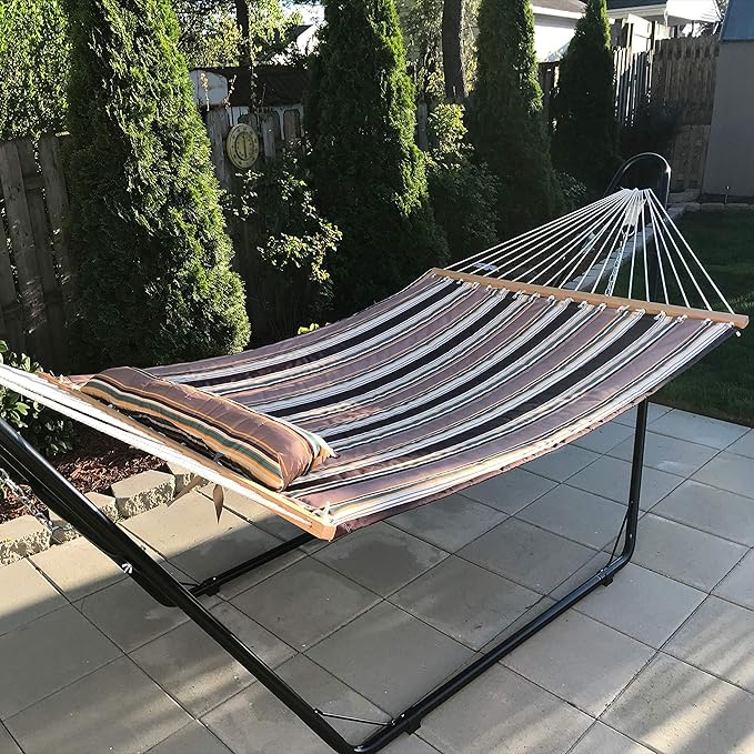 Sunnydaze Double Quilted Fabric Hammock with Universal Steel Stand - 450-Pound Capacity - Black Stand - Sandy Beach