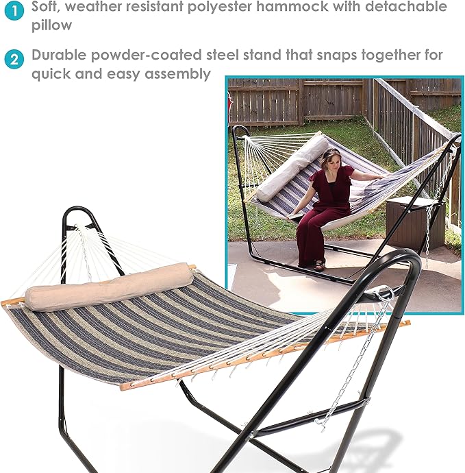Sunnydaze Double Quilted Fabric Hammock with Universal Steel Stand - 450-Pound Capacity - Black Stand - Mountainside