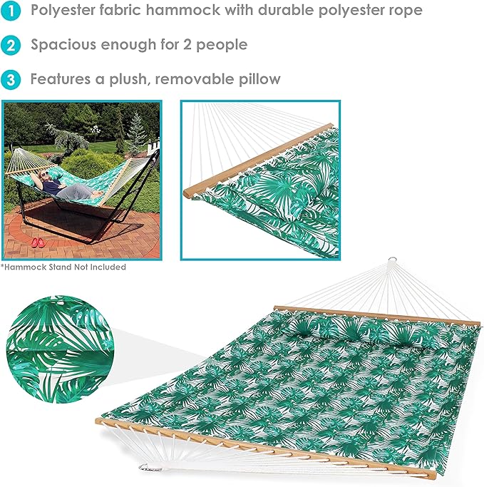 Sunnydaze Quilted Outdoor Hammock with Spreader Bars - Heavy-Duty 450-Pound Capacity Double Hammock for Outside - Green Palm Leaves