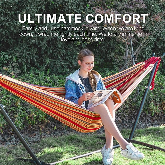 PNAEUT 2-Person Hammock with Space Saving Steel Stand Garden Yard Outdoor 450lb Capacity Double Hammocks and Portable Carrying Bag (Red)