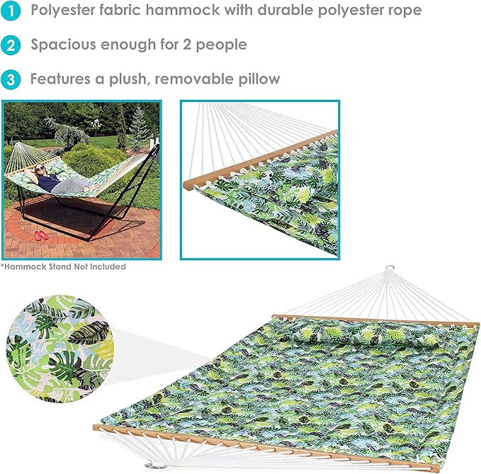 Sunnydaze Quilted Outdoor Hammock with Spreader Bars - Heavy-Duty 450-Pound Capacity Double Hammock for Outside - Tropical Greenery
