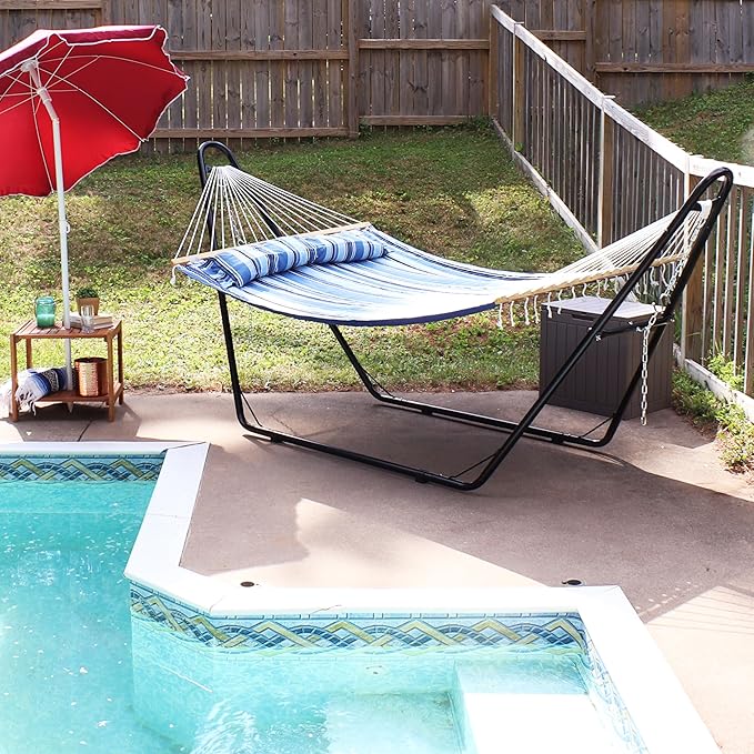 Sunnydaze Double Quilted Fabric Hammock with Universal Steel Stand - 450-Pound Capacity - Black Stand - Misty Beach