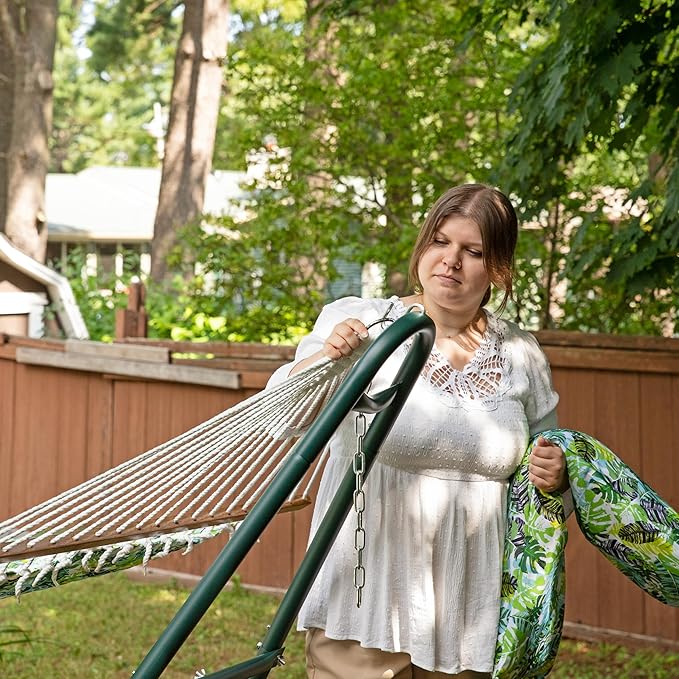 Sunnydaze Quilted Outdoor Hammock with Spreader Bars - Heavy-Duty 450-Pound Capacity Double Hammock for Outside - Tropical Greenery