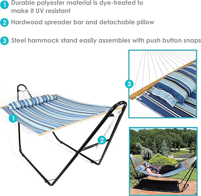 Sunnydaze Double Quilted Fabric Hammock with Universal Steel Stand - 450-Pound Capacity - Black Stand - Misty Beach