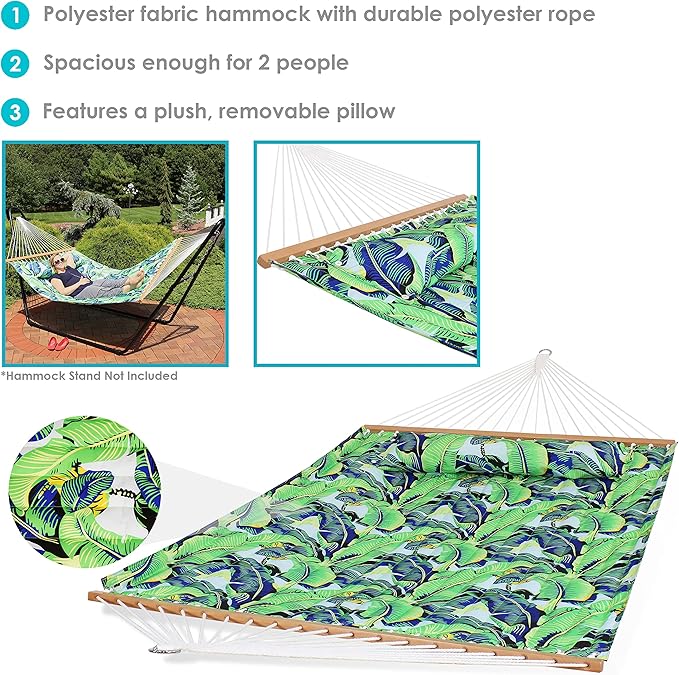 Sunnydaze Quilted Outdoor Hammock with Spreader Bars - Heavy-Duty 450-Pound Capacity Double Hammock for Outside - Exotic Foliage