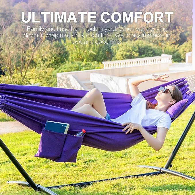 PNAEUT Double Hammock with Space Saving Steel Stand 2 Person Heavy Duty Garden Yard Outdoor 450lb Capacity Hammocks and Portable Carrying Bag (Purple)